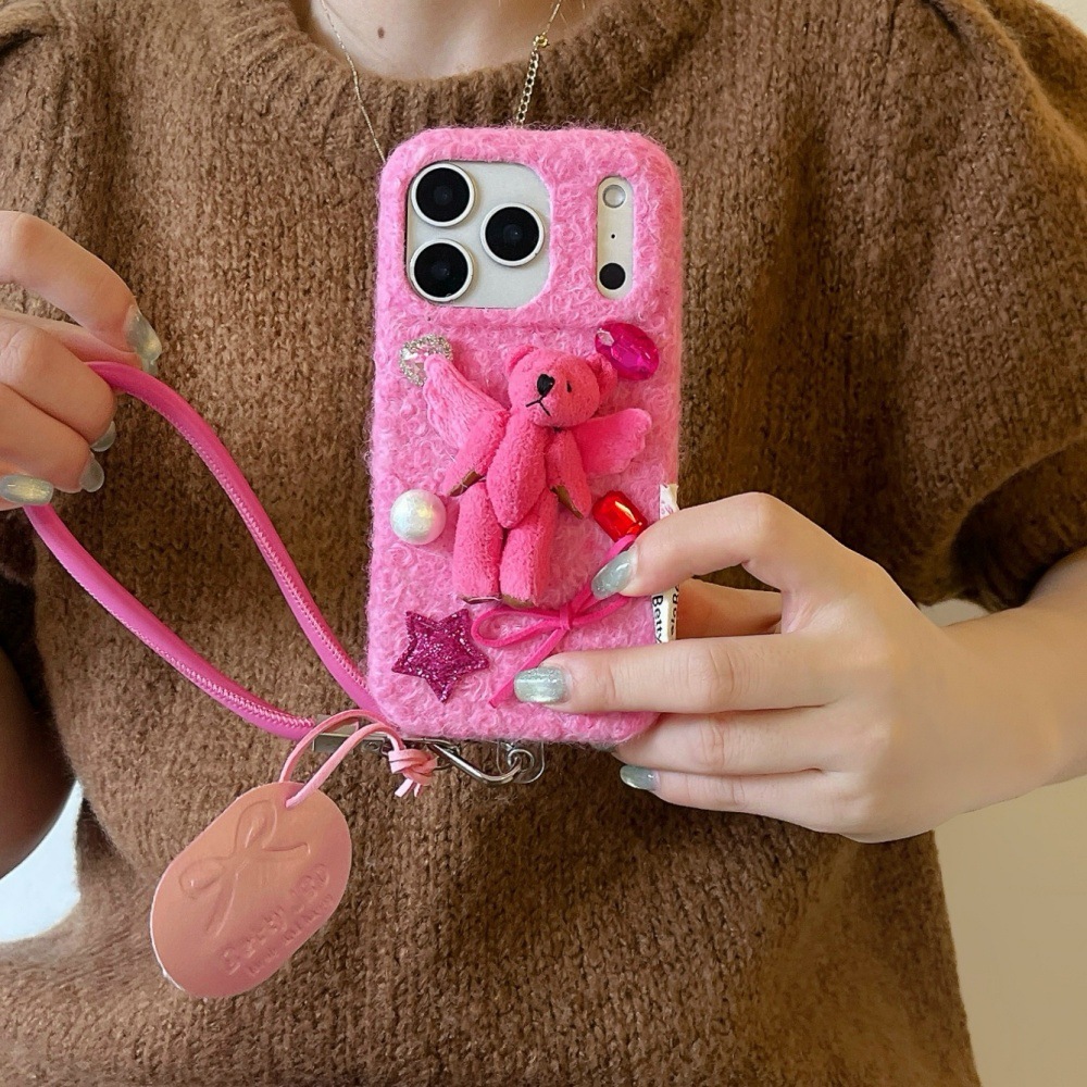 Rhinestone Plush Bear Cartoon Phone Case Compatible with iPhone 17/16 Pro Solid Color Lanyard Case iPhone 15 Niche 14