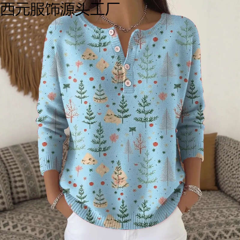 Independent New Retro 3D Digital Print Four-Button Stand Collar Polo Sweatshirt Women's Early Autumn