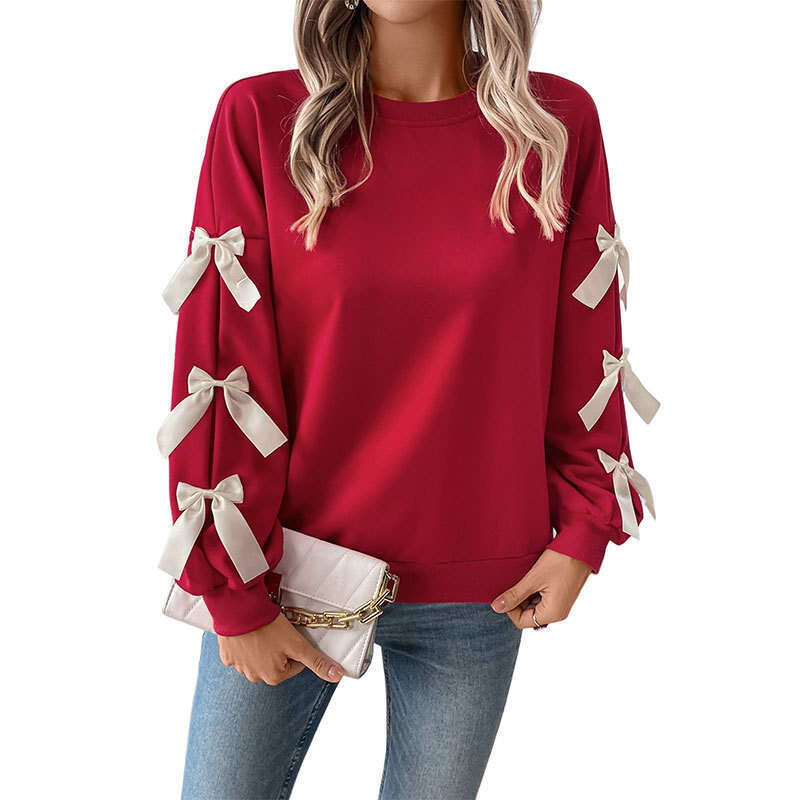 Autumn winter European and American hot items, sweet style top, round neck bow red Christmas hoodie, women's 2025 new casual fashion trend clothi