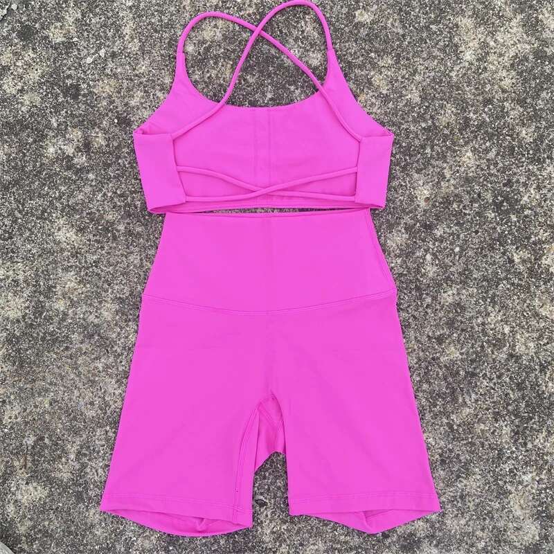 Solid Color Gym Bike Yoga Set Short Legging 2pc +Cross Sport Bra Tracksuit Athletic Women Suit Comprehensive Training Jogging