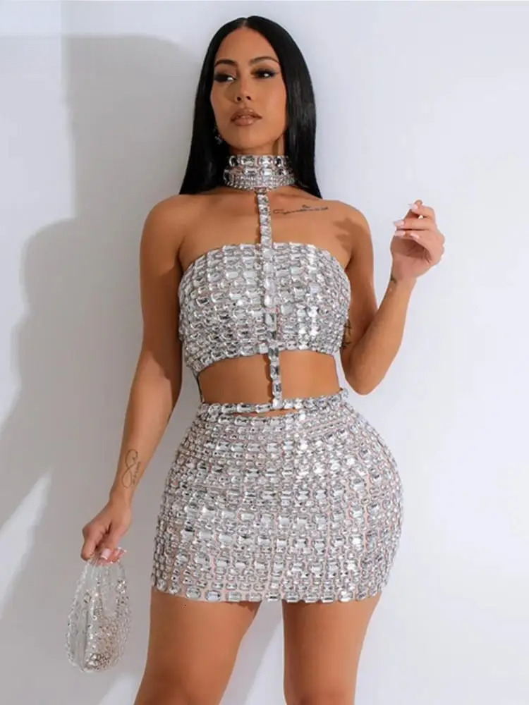 Rhie 2 Piece Sets Women Outfit Sexy Cutout Halter Tank Top And Mini Skirt Match Summer Birthday Party Clubwear