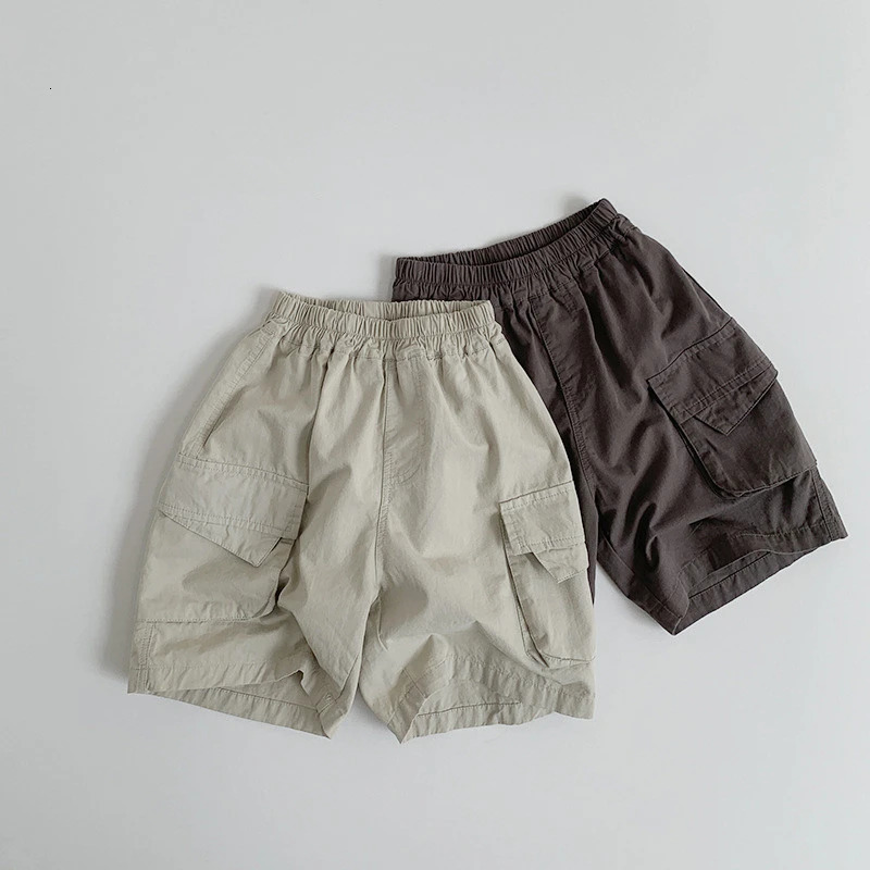 Summer childrens casual pants retro mens cargo pants large pocket childrens shorts girls loose pants baby solid color clothes 250408