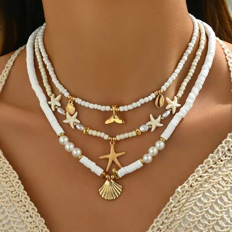 Bohemian Personty Starfish Imitation Shell Pendant Beaded Necklace Women Beach Vacation Wind Vacation Accessories GiftC250407