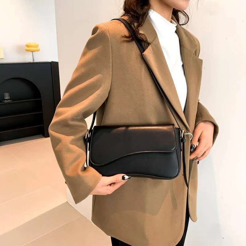 Women Vintage Solid Color Flap Small Saddle Underarm Fashion PU Leather Wide Strap Crossbody Bag Shoulder Bag Ll