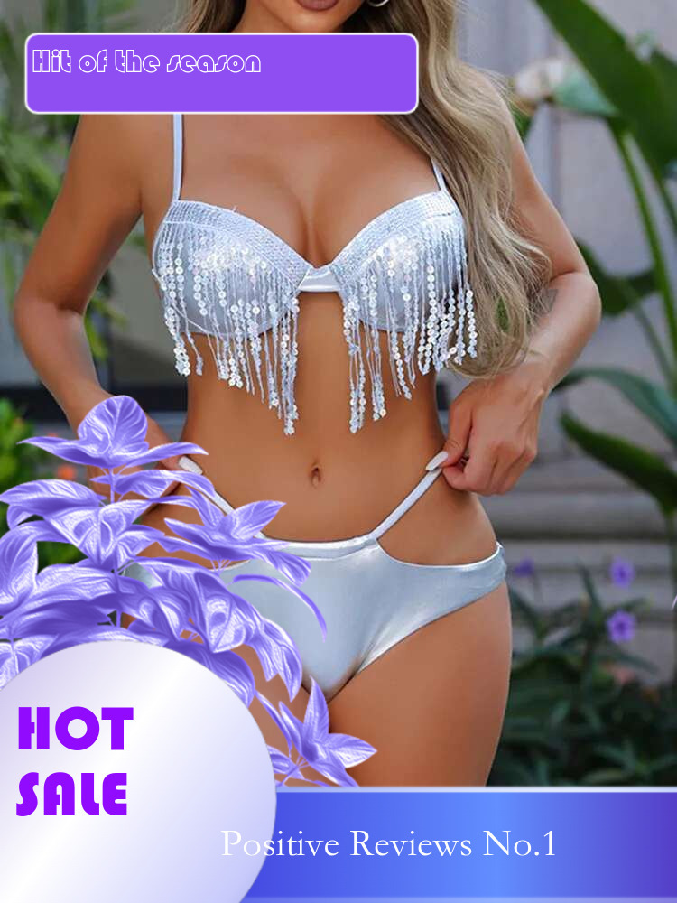 Dongdumaoyi Shiny Glitter Bikini Set Women Sexy Bandeau Push Up Sequin Tassel Swimsuit Ladies Beach Bathing Suit High Waist Swimwear