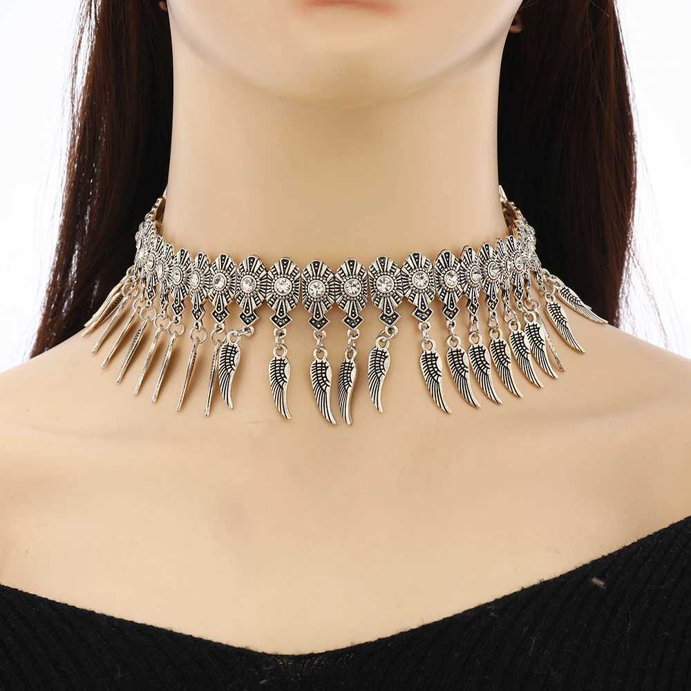 2025 Trend Neck Jewelry Bohemian Ethnic Style Vintage Alloy Rhinestone Wings Tassel Choker Necklace For Women Party AccessoriesC250407