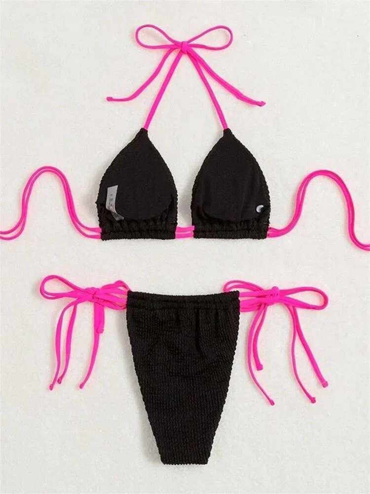 Dongdumaoyi Sexy Micro Bikini Women Pleated Push Up Bandage Tie Side Thong Swimsuit Summer Beach Black Patchwork Bathing Suit Swimwear