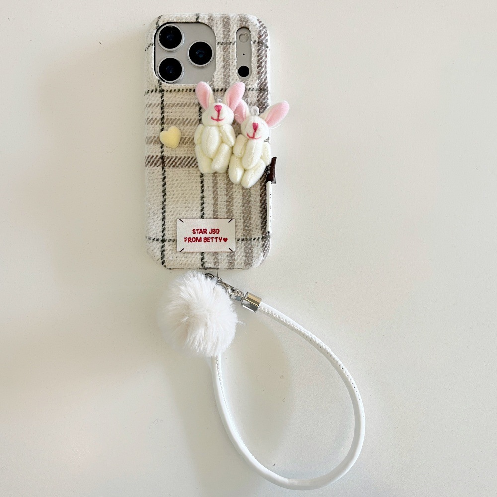 Velvet Plaid 3D Bear Phone Case Suitable for iPhone 17 Pro Max Plush Lanyard iPhone 16/15 Pro 14