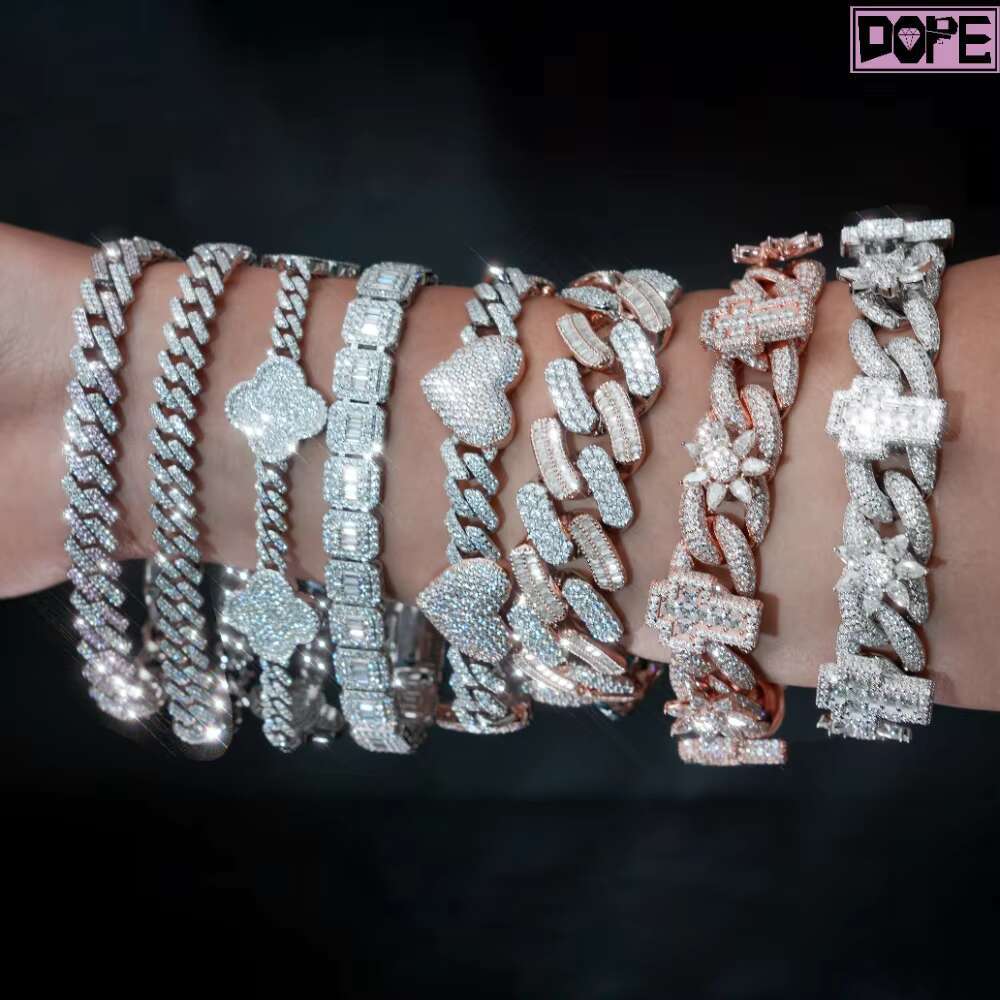 Custom HIgh Quality 2 Rows 13mm Moissanite Cuban Bracelet Men S925 D VVS Moissanite Cuban Link Bracelet