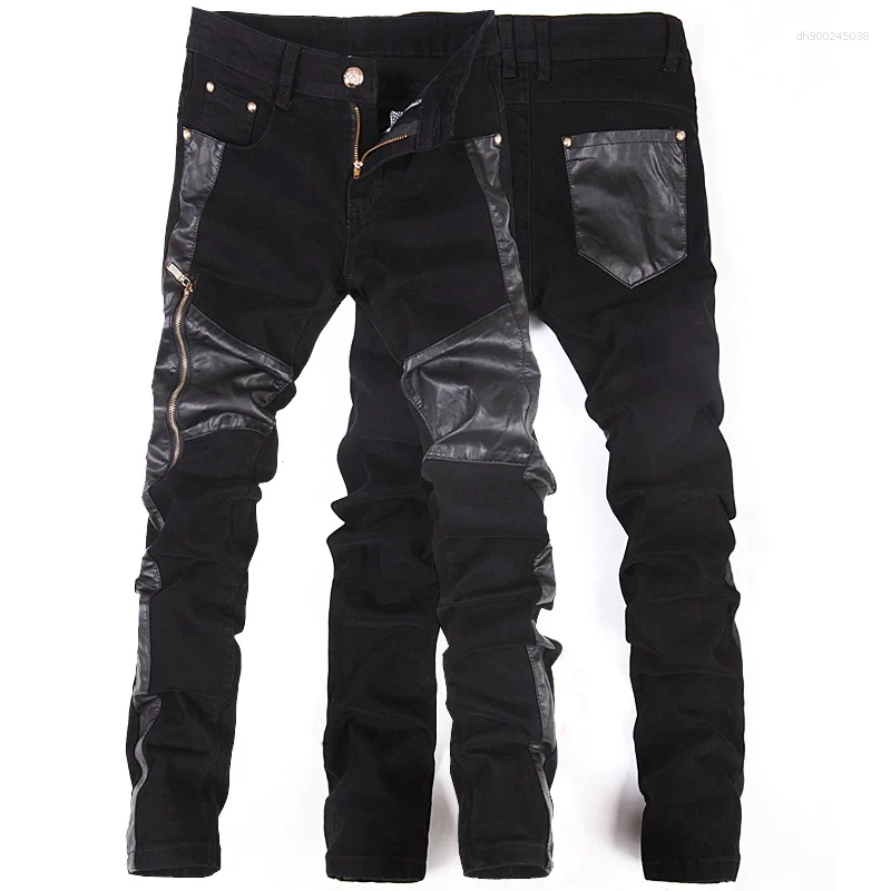 Zipper Splicing Leather Pants Long Pencil Slim Spring Hole Fashion Thin Skinny Men Hiphop Trousers