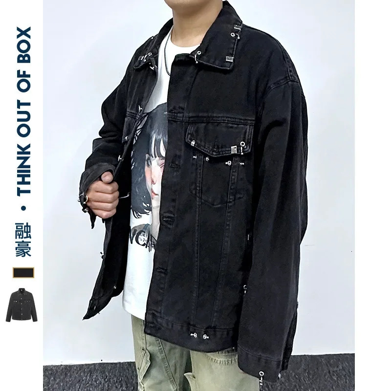 Fashionable mens casual denim jacket with loose fit and waterproof Distressed lace up knit 250408