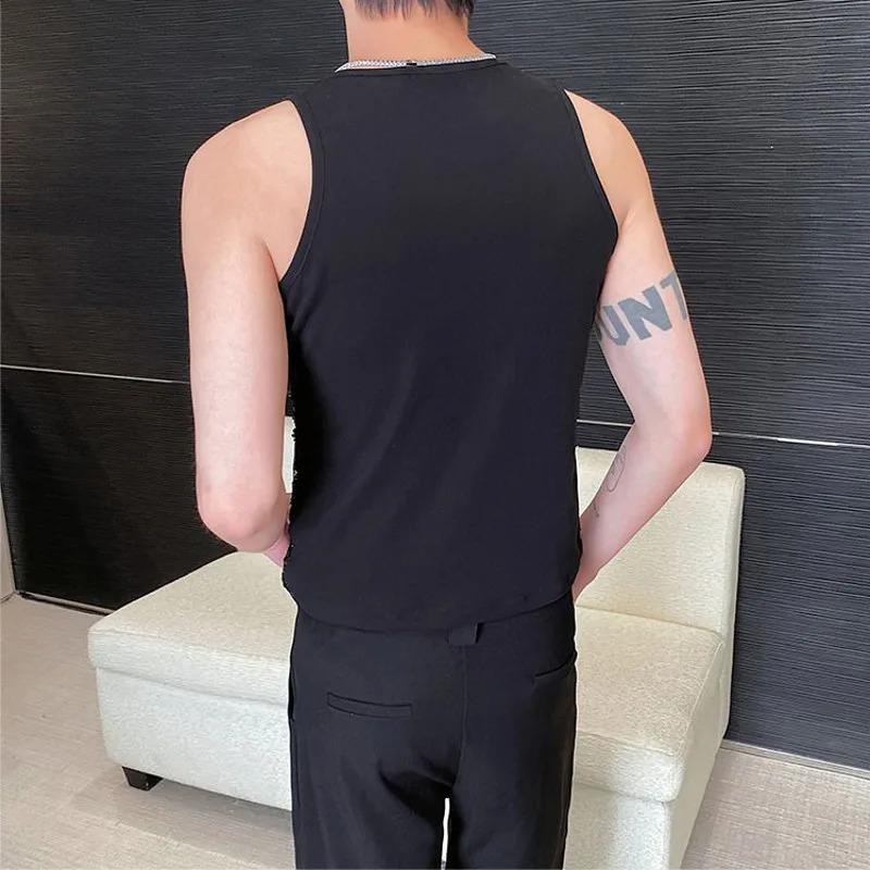 Fashionable mens sexy top with mesh sequins sparkling elastic tight fitting vest summer fashion nightclub stage tight fitting mens vest 250402