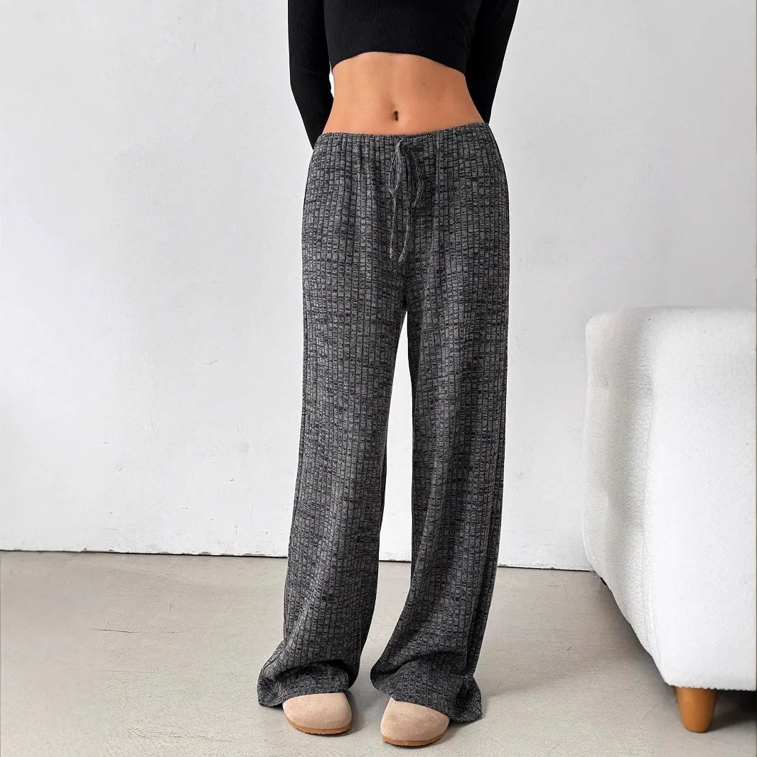 Casual cotton striped solid color elastic rope brushed straight leg pants for autumn and winter womens fashion crossover long gray 250407
