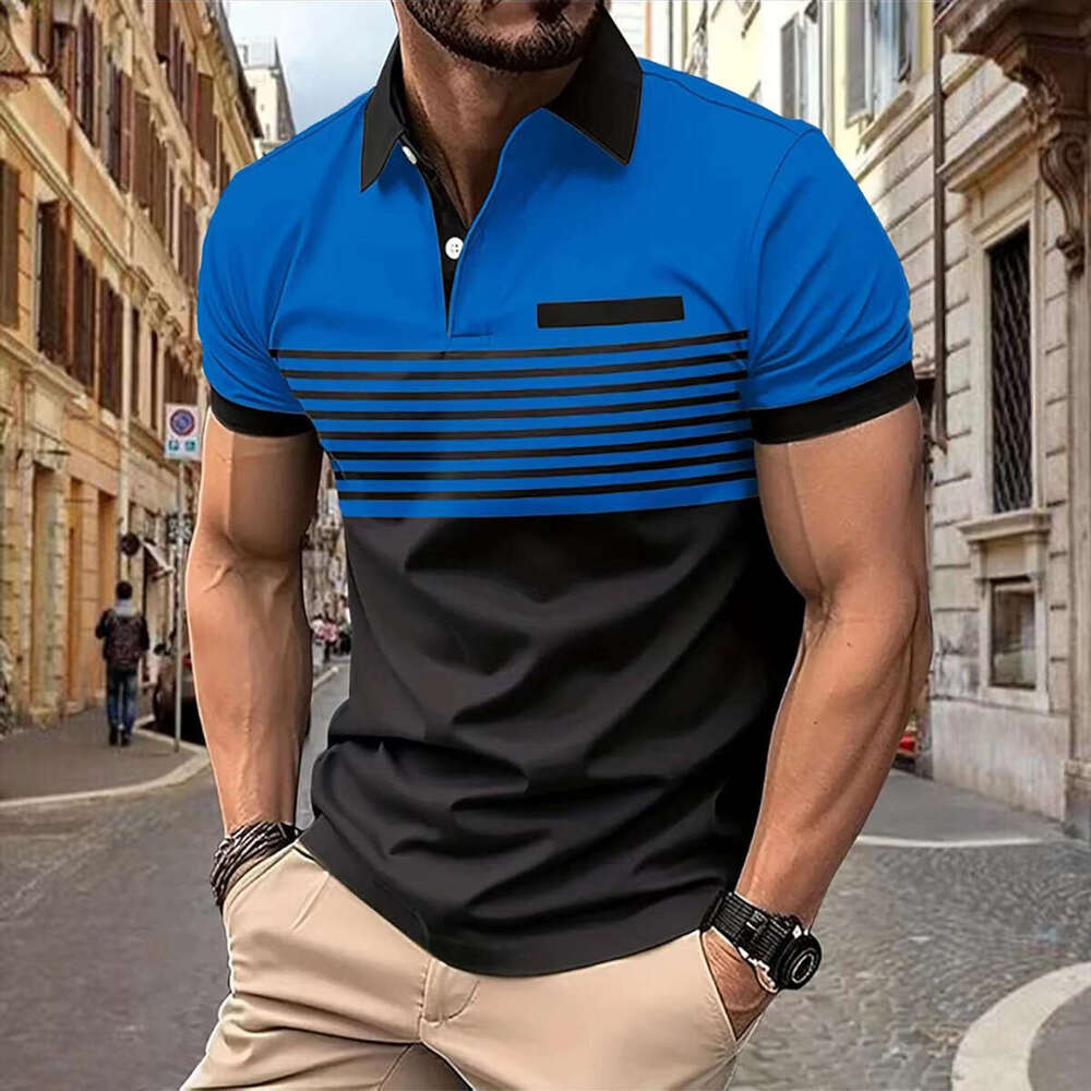 New men's casual polo shirt with chest pocket, V-neck button, striped color blocked T-shirt, 2025 temperament versatile new trendy clothing ins