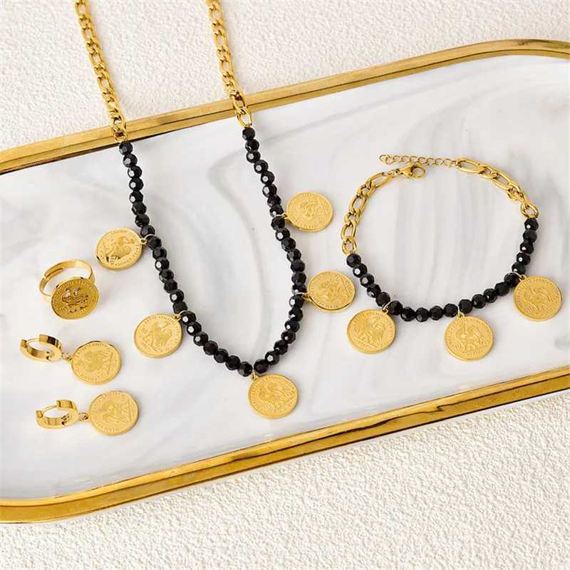 316L stainless steel animal leopard head inlaid crystal round bracelet earrings wedding jewelry set Y250408