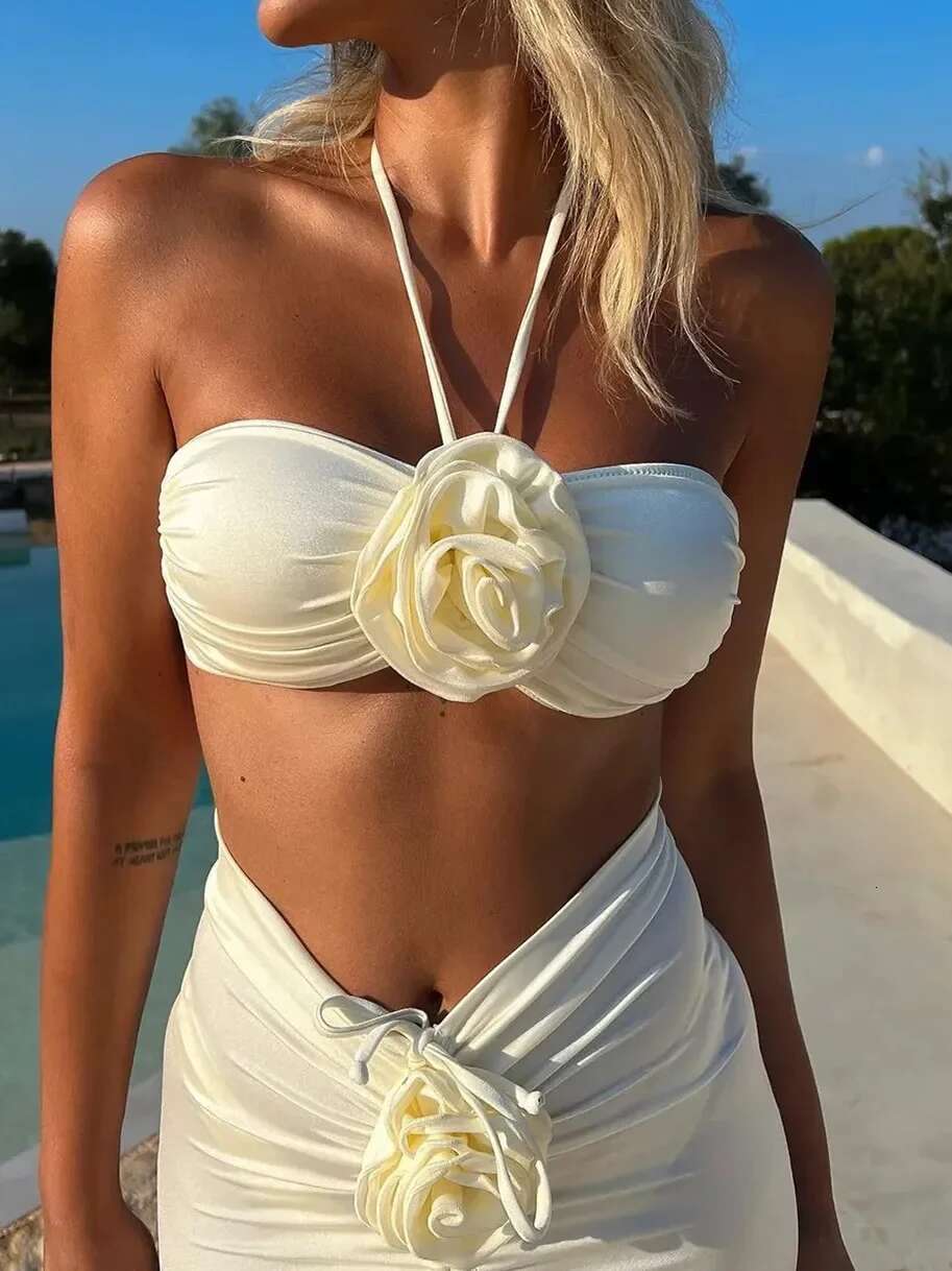 Dongdumaoyi Sexy White Bikinis Sets D Floral Designer Piece Swimsuit Summer Black Push Up Beach Bathing Suit Skirt Swimwear Biquini