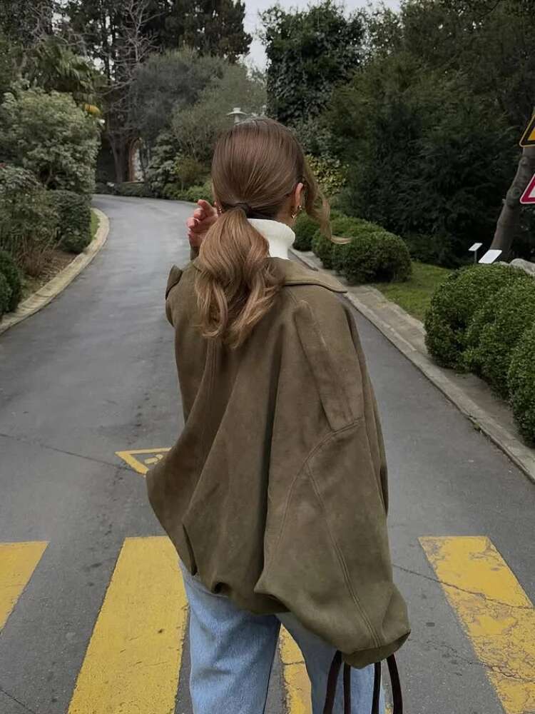 Women Green Suede Short Jacket Fashion Full Sleeve Zipper Lapel Pocket Loose Thick Coat Lady Spring New Casual Commute Outwear