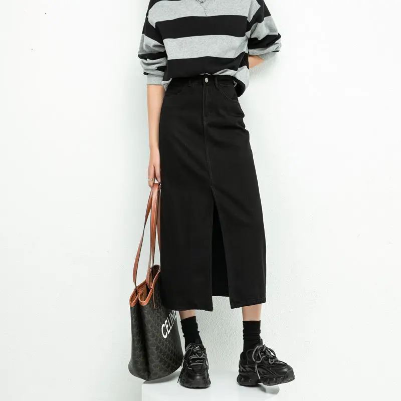 Split Denim Skirt For Women High Waisted Loose A-line Skirt Korean Elegant Black Skirts Autumn Fashion Mid length Skirts 250408