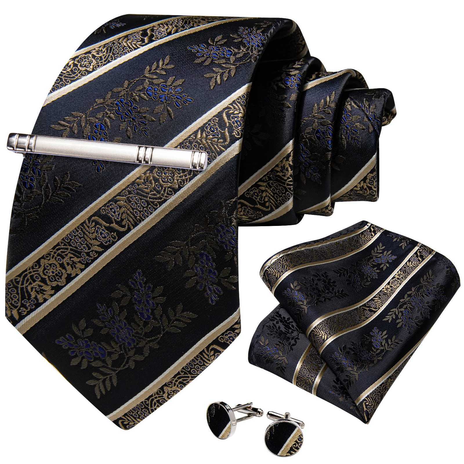 Mens Tie Set with Clip Luxury Retro Striped Floral 8cm Necktie Handkerchief Cufflinks Wedding Party Business Accessories Gift X250407