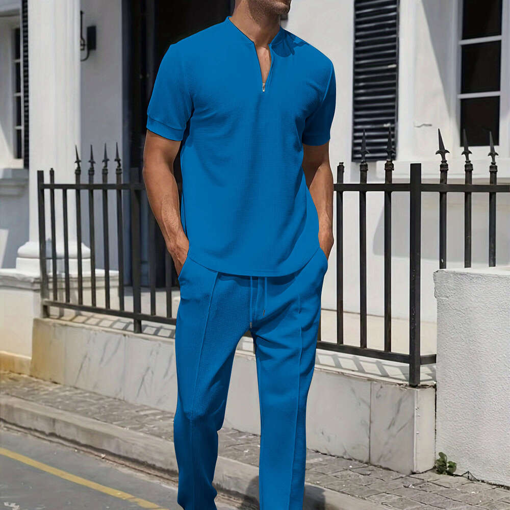 Summer Youth Waffle Collar Solid Color Zipper Short Sleeve Pants Set 2025 New Casual Fashion Trendy Clothing