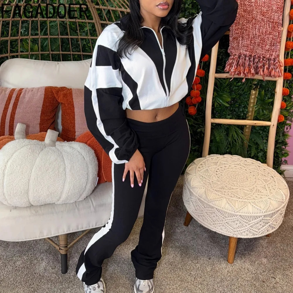 FAGADOER Spring Casual Two Piece Outfits Woman Color Block Long Sleeve Zipper Jacket and Jogger Pants Tracksuit Streetwear 250407