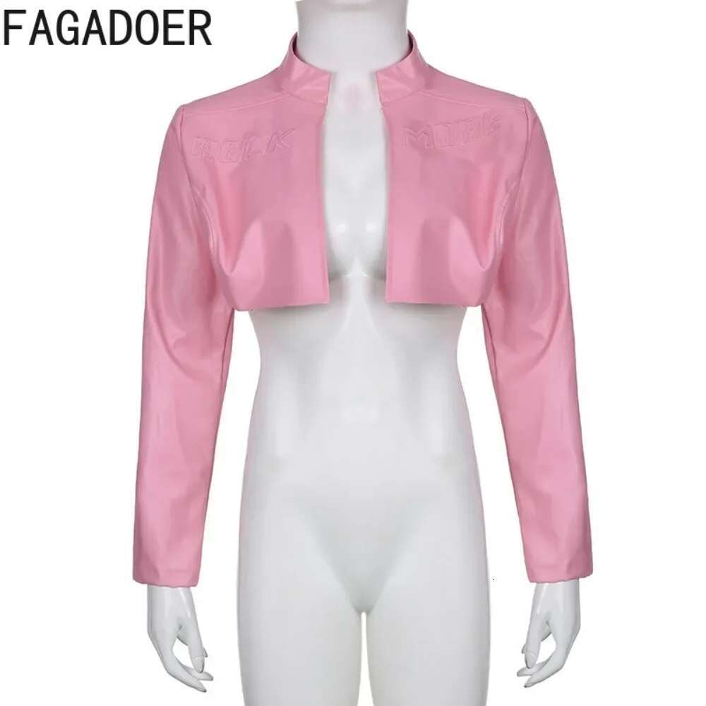 FAGADOER Y2k Punk Gothic Leather Jacket Women Cropped Lapel Letter Embroidery Moto Jackets Coat Short Female Streetwear New