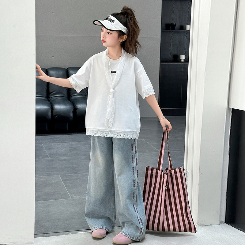 Ddmyshoesvip Casual New Fashionable Girls Summer Dress Short Sleeve T Shirt Jeans Two Piece Set Trendy