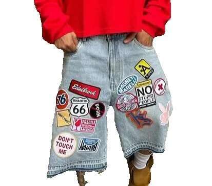 Y2K jeans, men's and women's hip-hop cartoon pattern street clothing, patchwork denim short, retro blue loose denim, Fierss casual shorts
