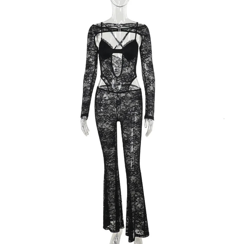 Avrilyaan Perspective Hollow Out Lace Backless Sexy Autumn Playsuits Rompers Women Casual Long Jumpsuits One Piece Outfit 250407