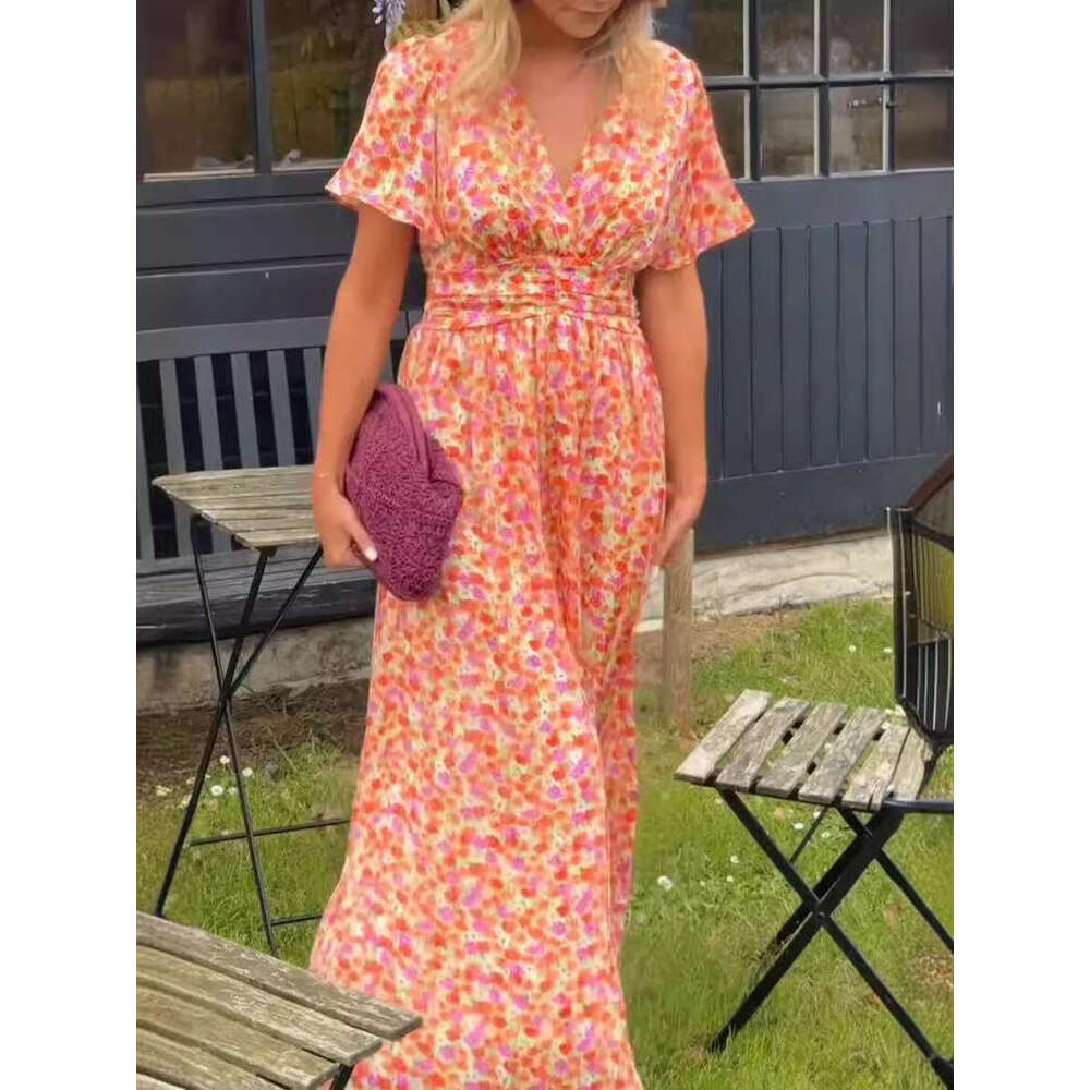 A large number of European and American Shein2025 women's temperament printed waist cinched V-neck dress 2025 new casual fashion trend clothing