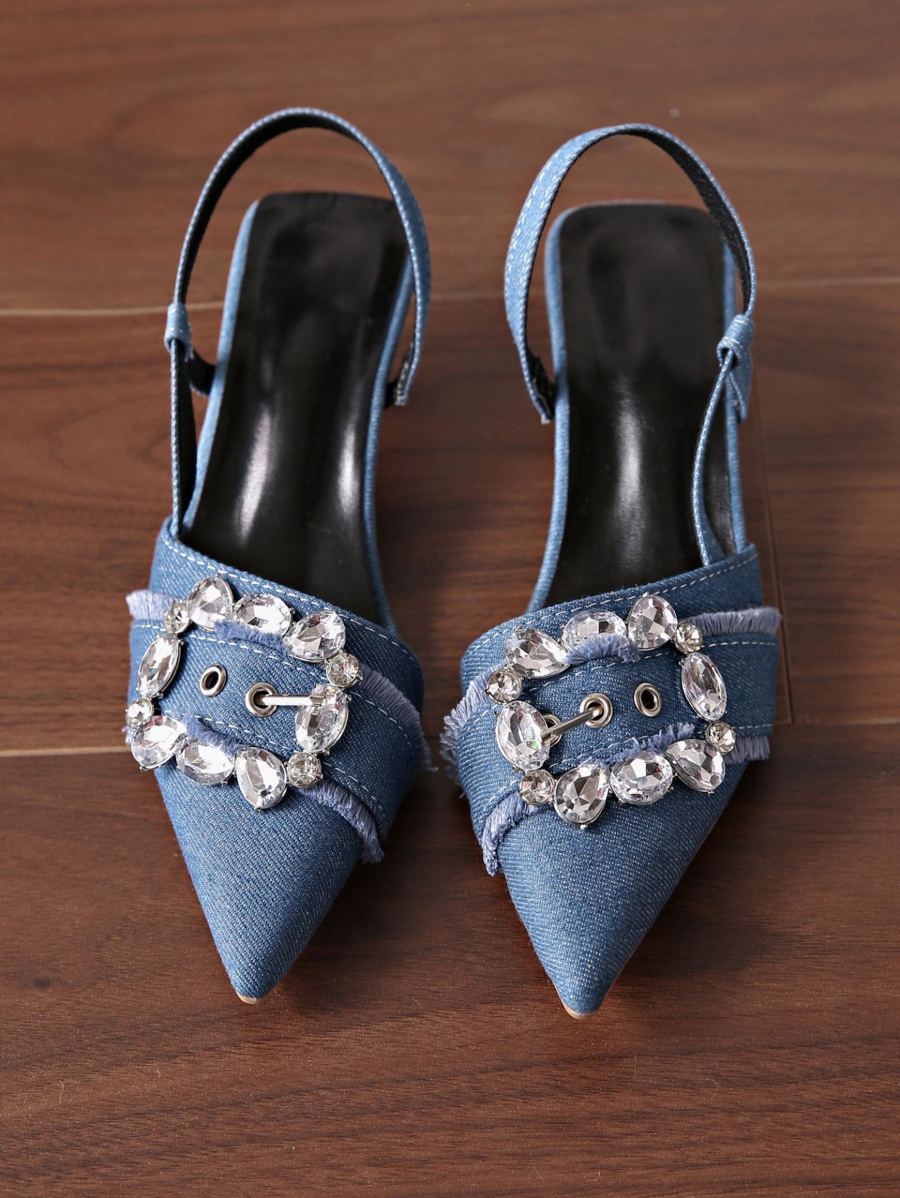 2025 Women's French-style pointed-toe blue denim stiletto heels with niche design square buckle rhinestones and shallow-mouthed cool single shoes