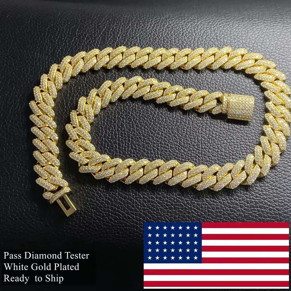18 inch 10mm 14mm S pure sier white gold outer VVS silica Cuban Miami chain necklace for men