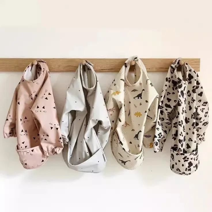 Kids Bibs Cartoon Animal Print Waterproof Bib Baby Food Bib Baby Rice Pocket Accesorios Bebe Long Sleeve Apron 250408