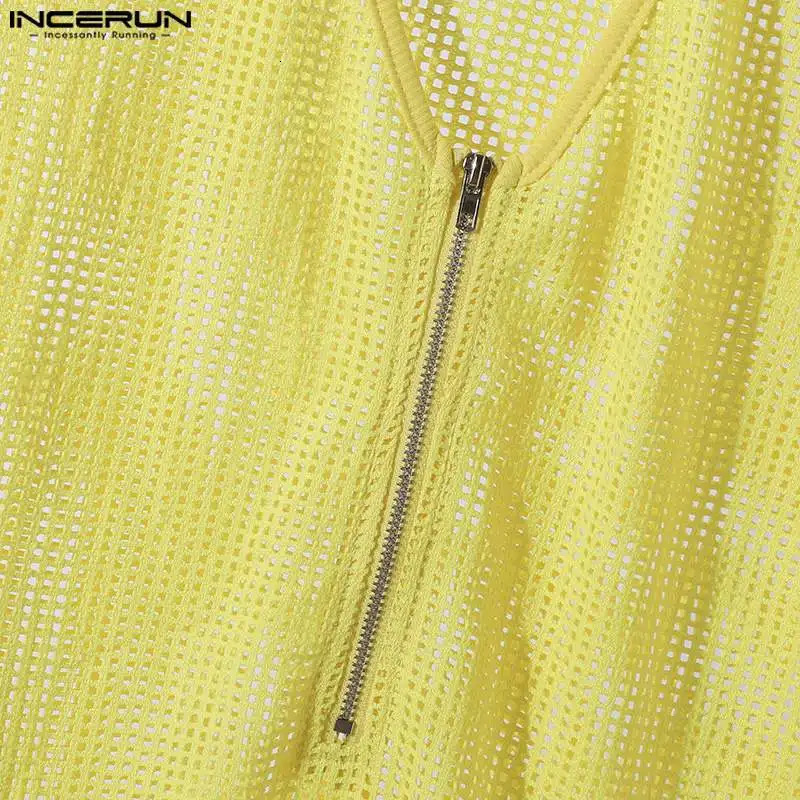 INCERUN mens tank top solid hollow transparent zipper V-neck sleeveless vest summer streetwear fashionable mens clothing 250403