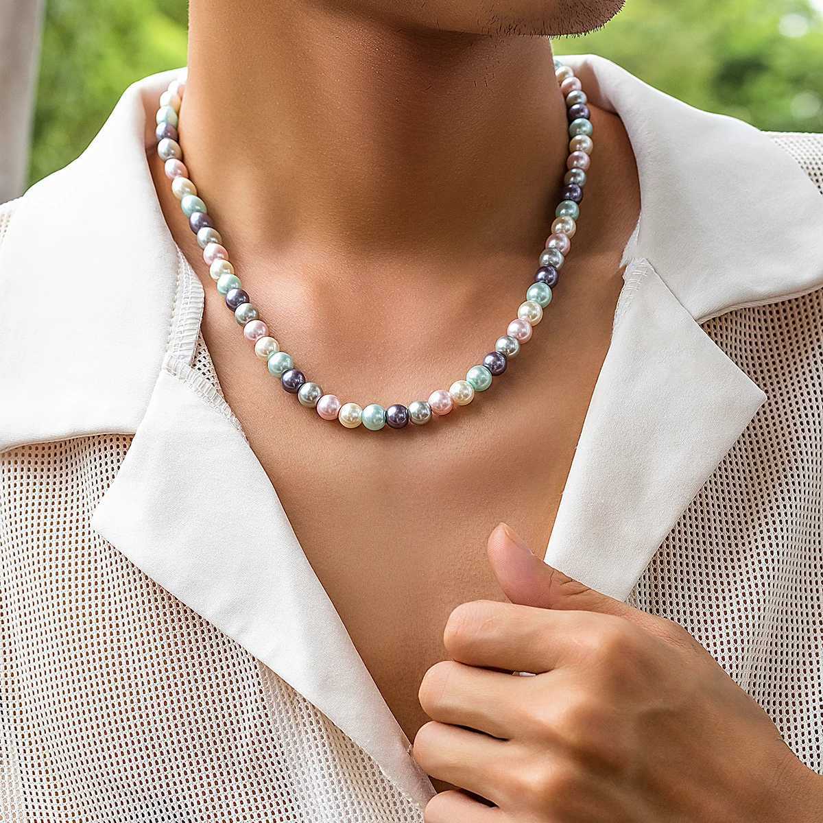 PuRui Trendy Glass Imitation Pearl Necklace Men Handmade Strand Mix Color Beads Choker Hip Hop Jewelry Collar Simple Street GiftC250407