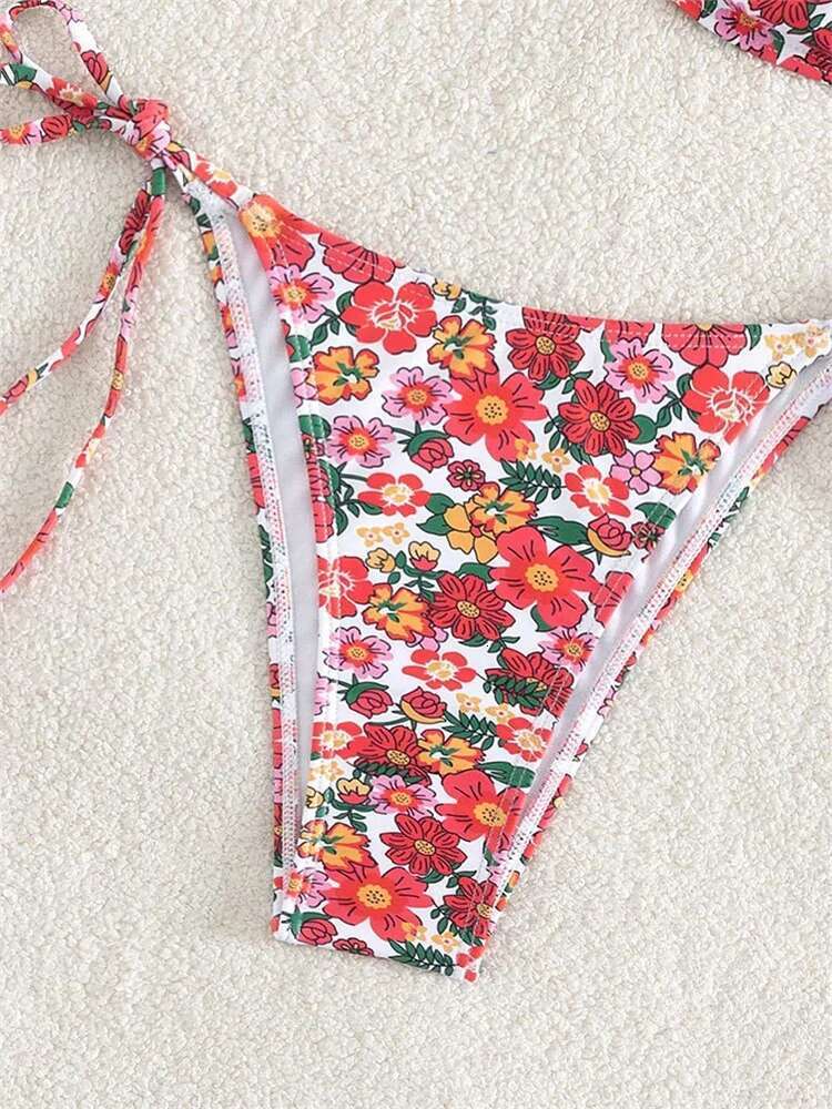 Dongdumaoyi Sexy U Wire Bikini Set Women Red Floral Print Push Up Micro Swimsuit Brazilian Cut Out Bathing Suit Tie Side Thong Swimwear