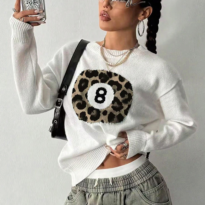 Women's color-blocked sports sweater, round-neck long-sleeve top, leopard print black eight pattern, for sports and outdoor activities---SSJ029