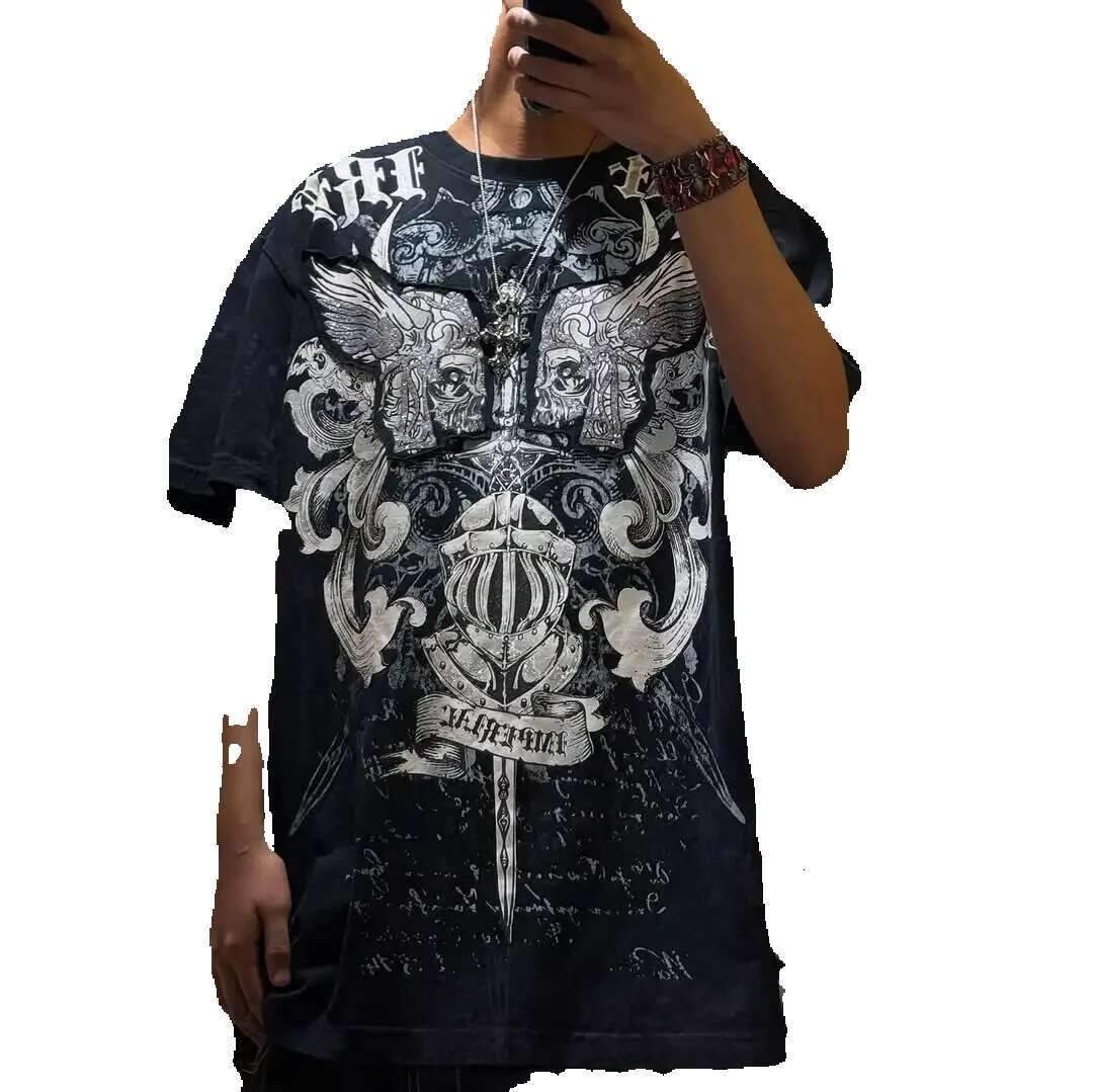 Men's short sleeved round neck T-shirt, cotton, oversized, hip-hop pattern, retro street Y2K, new fashion 2025