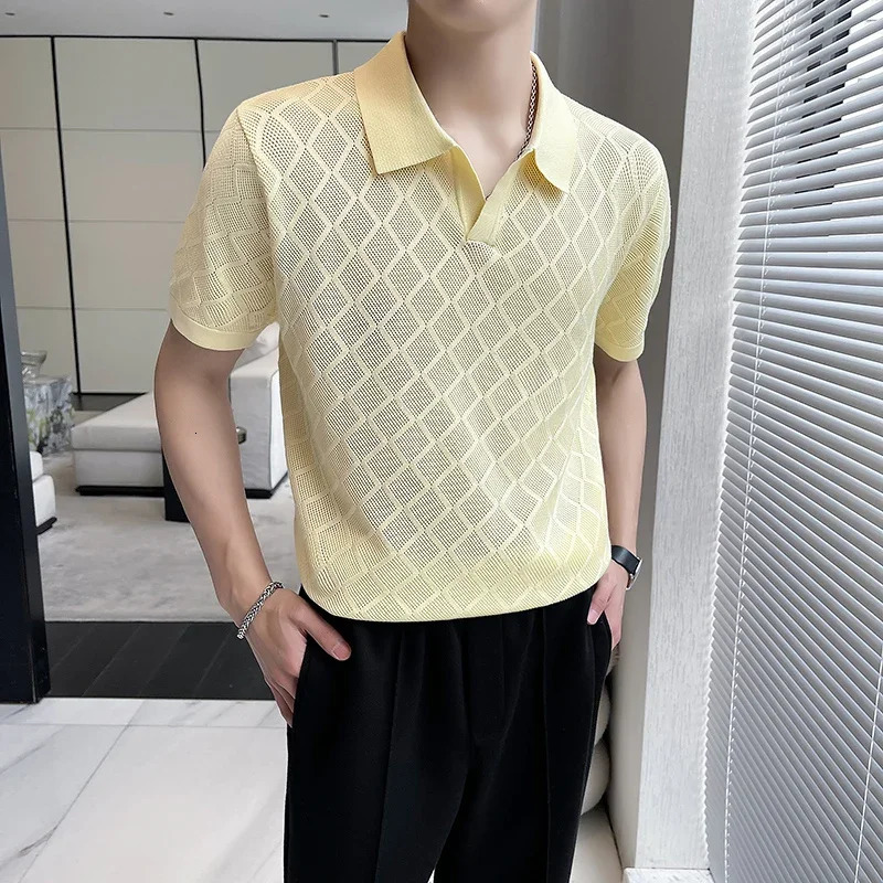 Hollow-out Knitted Lapel Short-sleeved T-shirt Slim Hole Polo Shirt Brown polo Golf Shirt 250407