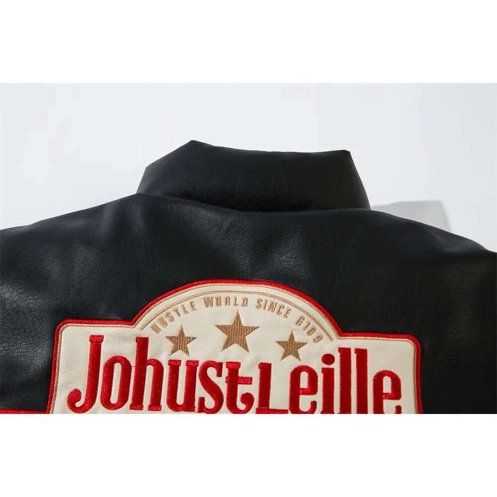 Spliced Patch Embroidery Padded Mens High Street Winter Thick Stand Collar Long Sleeve Leather Bread Jacket Men