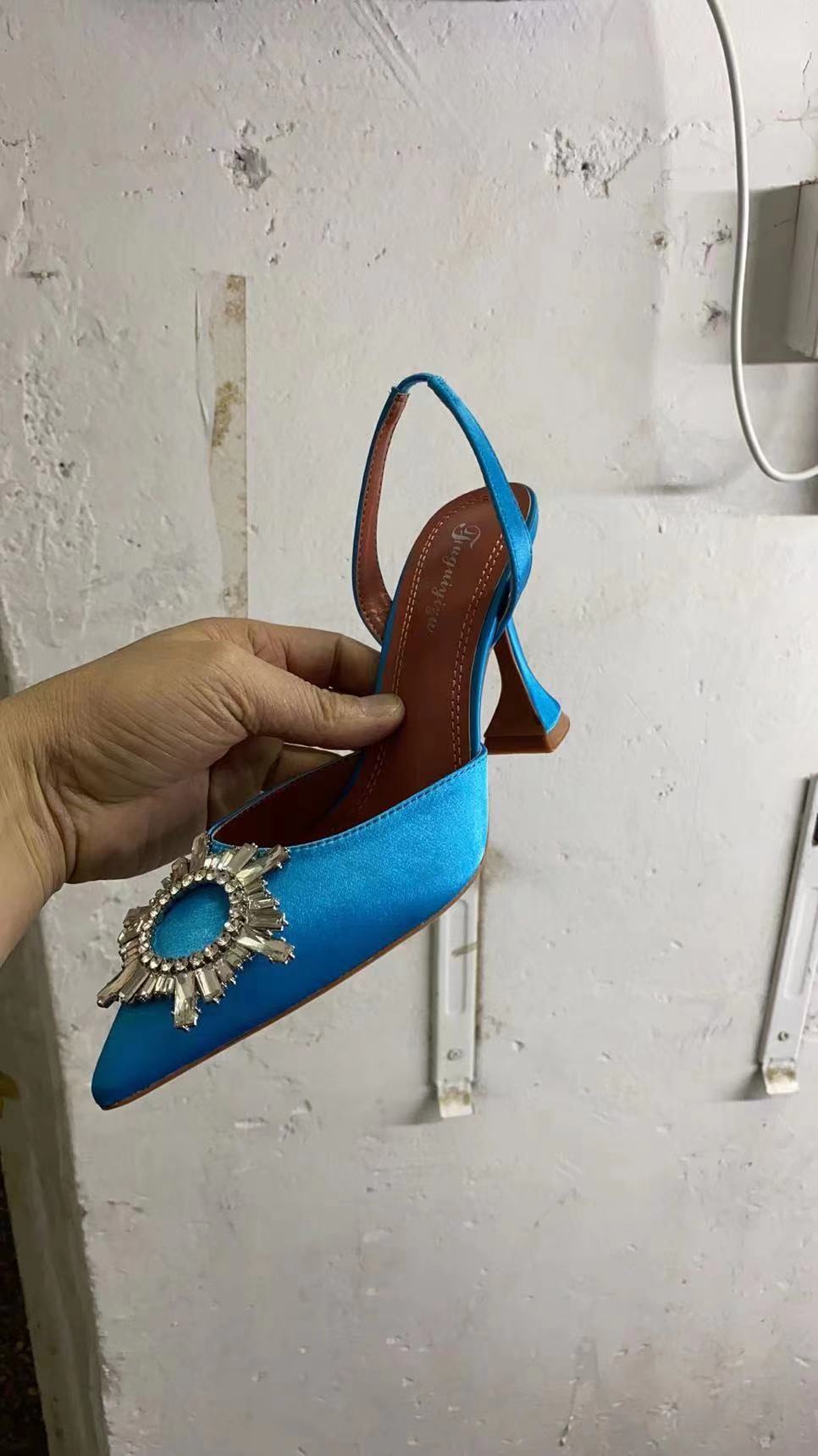 2025 European American style trendy half-drag high-heeled for women fashionable sparkling rhinestones satin wine glass and toe-covered heels new desig