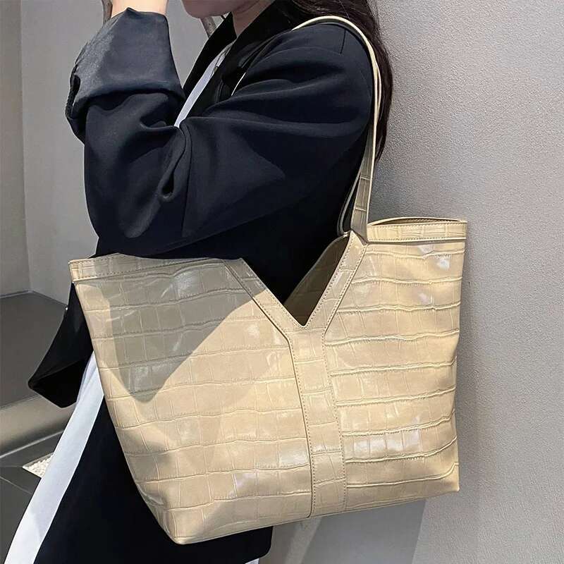Genuine Leather Crocodile Pattern 2 In 1 Tote Large Capacity Design Ladies Casual Versatile Shoulder Handbag Shopping Bag