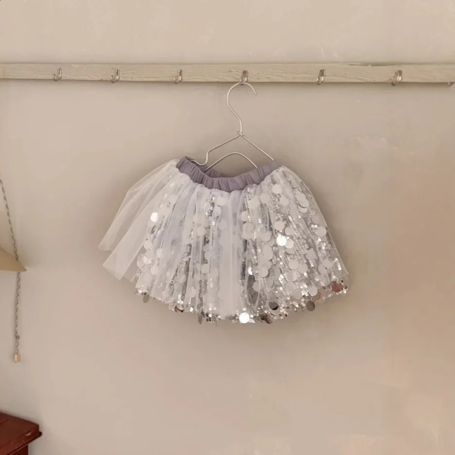 Girls Sequin Mesh Skirt 2025 Spring Korean Fashion Silver Sparkling Mesh Short Skirt Girls Clothes 250408