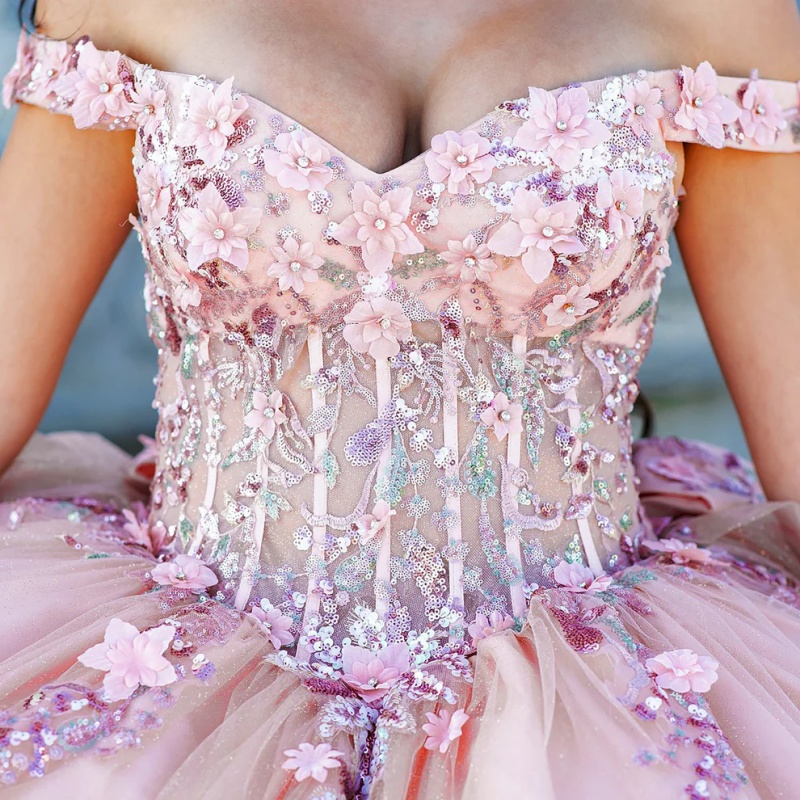 Pink Quinceanera Dresses Off Shoulder Ball Gown Sweet 16 Dress Sequin Applique Lace Beads Bow Tull Birthday Party Vestidos 15 De Anos