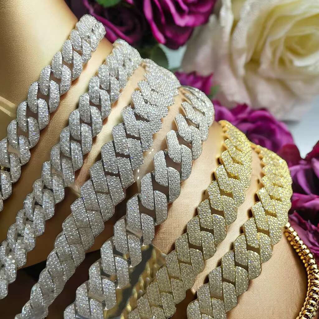 Customized 10/12/14/18/20mm Width 925 Silver Moissanite Diamond Cuban Link Chain Fashion Bracelet Necklace