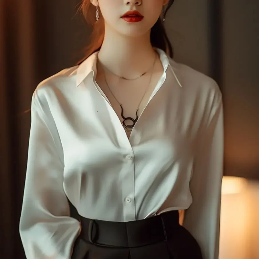 Summer and Autumn Silk Shirt Womens Retro Shirt Long Sleeve Button Office Shirt Womens T-shirt Womens Casual Shirt 250402