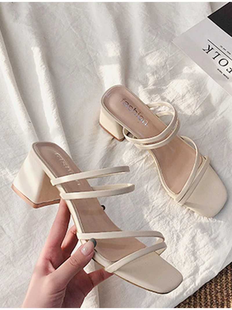 Women Sandals Ladies Square Heels Elegant Summer Slippers Outside Cross Tied Leather Female Slides Fi Woman Sandals XJ250610