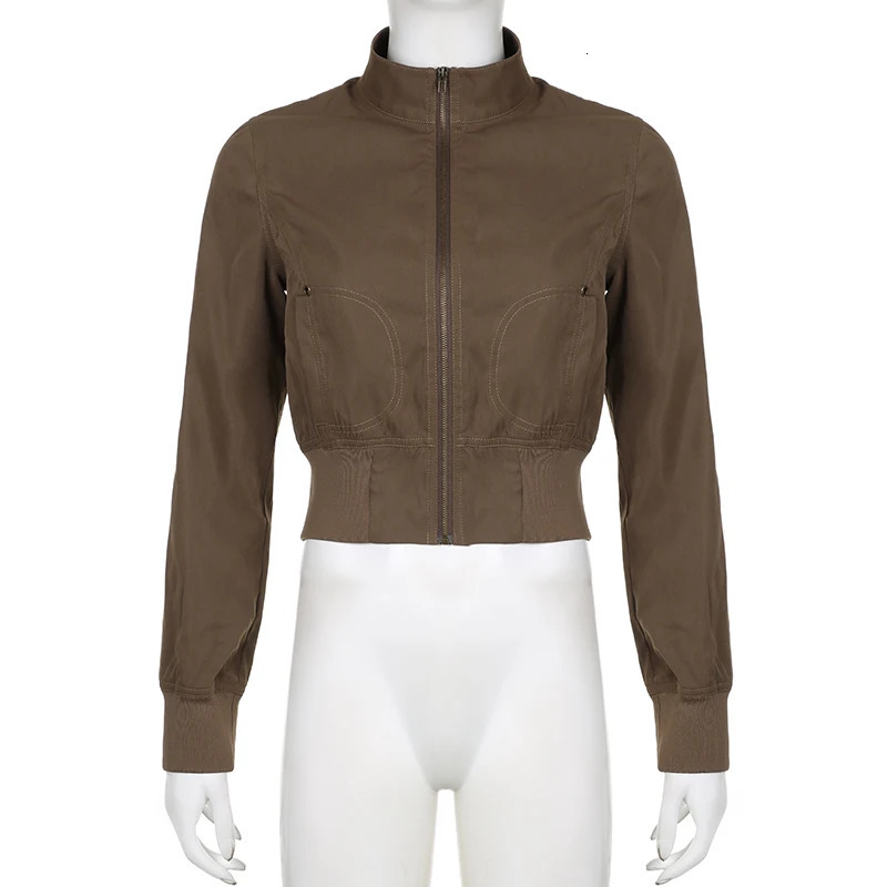 SUCHCUTE Retro Cut Jacket Womens Stand up Collar Solid Color Casual Ultra Thin Pocket Zipper Harajuku Safari Style 250407