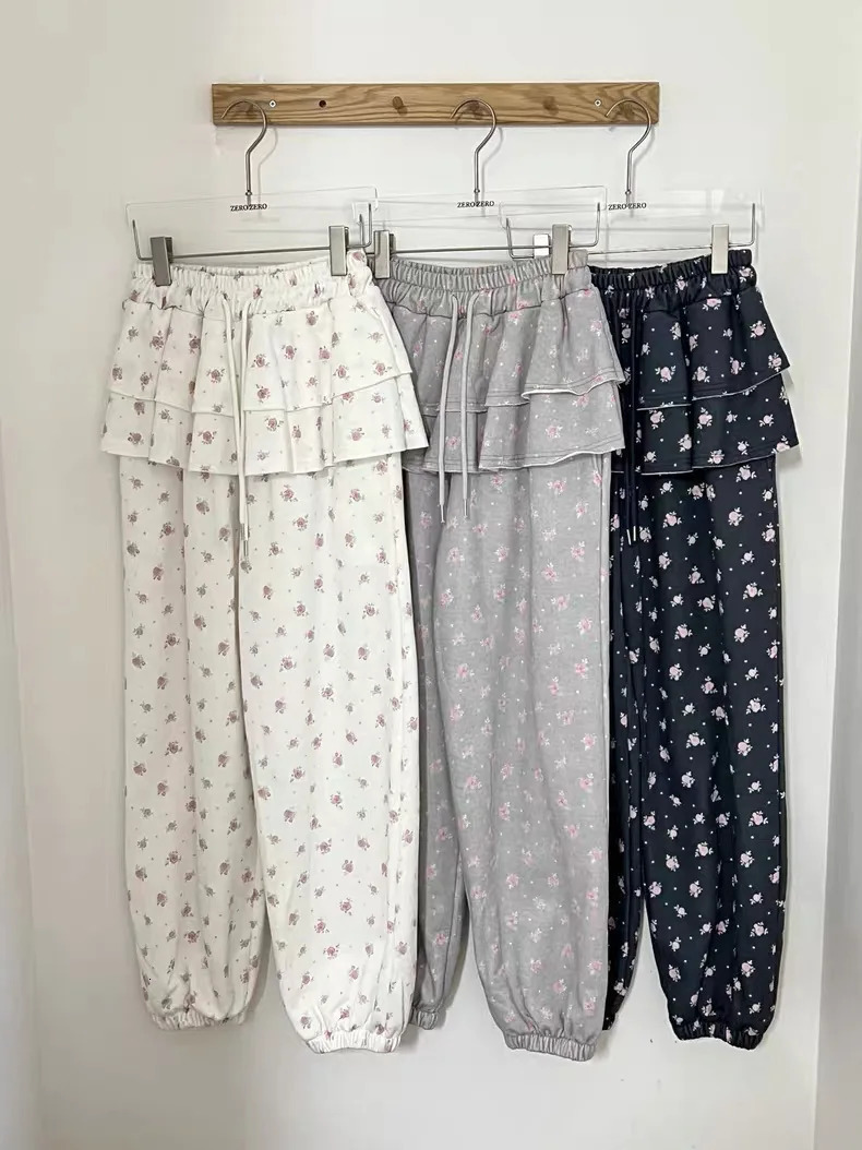 Full flower pattern printing element two piece casual sports pants spring daily outfit straight pants Y2K pants 250402
