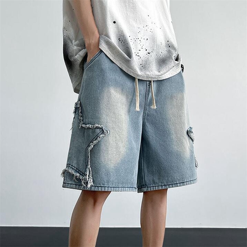Fashion Denim Shorts For Men Summer High Waist Drawstring Short Pants Men Streetwear Star Loose Casual Shorts 250407